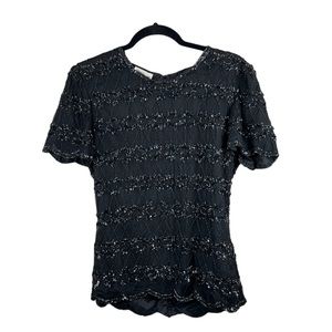 Stenay Women’s Silk Beaded Evening‎ Top Party Black Glam Blouse Shirt Size Small